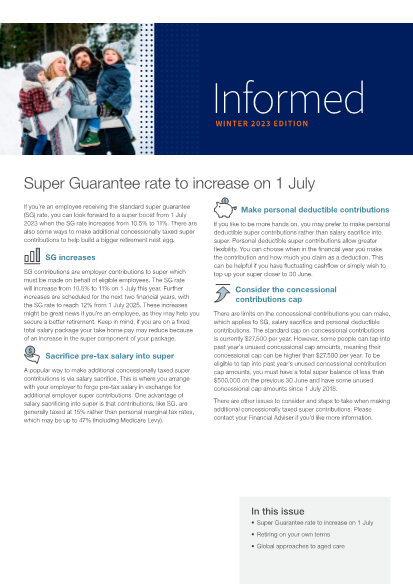 Informed Winter 2023 Edition - Super Guarantee rate to increase on 1 July