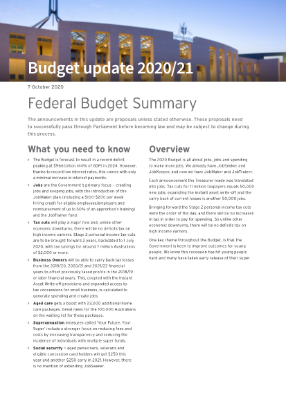 Federal Budget Summary (Budget update 2020/21)